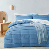 Minimal Pleated Cotton Duvet Cover Set - Blue
