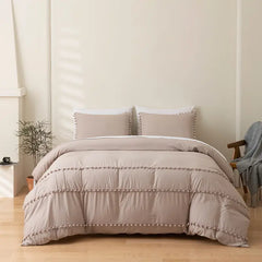 Vintage Boho PomPom Tassels Cotton Duvet Cover Set - Beige