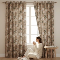 2Pc Printed Eyelet Curtain – Neutral Beige Hydrangea