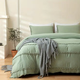 Vintage Boho PomPom Tassels Cotton Duvet Cover Set - Green