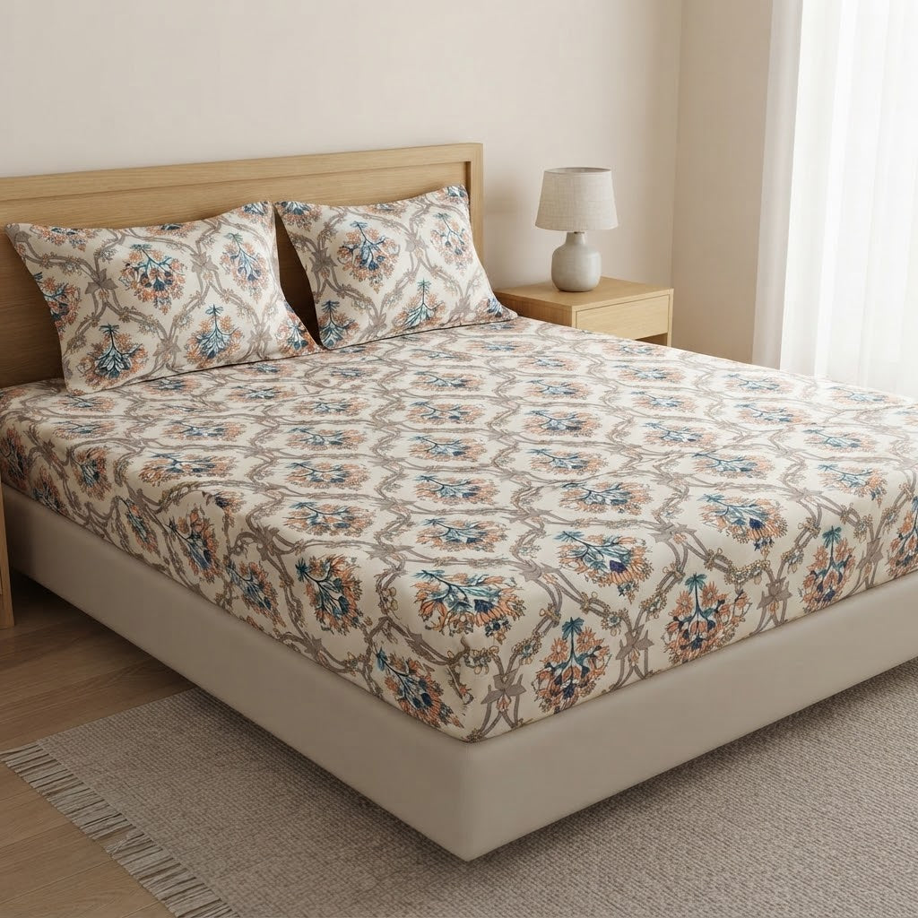 Printed Cotton Fitted Sheet Set-Ivory Garden