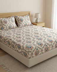 Printed Cotton Fitted Sheet Set-Ivory Garden