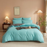Plain Dyed Reversible Cotton Duvet Cover Set - Lake Blue / Grey