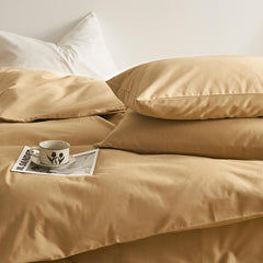 Plain Dyed Reversible Cotton Duvet Cover Set - Dark Beige / Cream