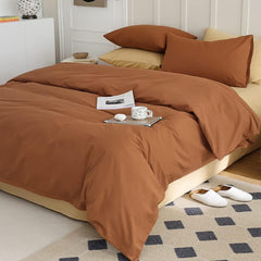 Plain Dyed Reversible Cotton Duvet Cover Set - Pumpkin / Beige