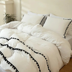 Vintage Boho PomPom Tassels Cotton Duvet Cover Set - White
