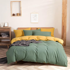 Plain Dyed Reversible Cotton Duvet Cover Set - Green/Yellow
