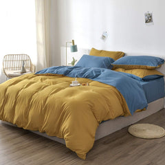 Plain Dyed Reversible Cotton Duvet Cover Set - Yellow/Blue