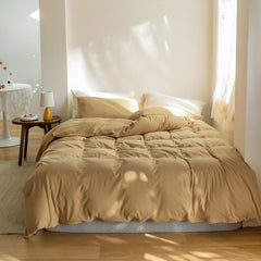 Plain Dyed Reversible Cotton Duvet Cover Set - Dark Beige / Cream