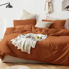Plain Dyed Reversible Cotton Duvet Cover Set - Burnt Orange / Beige