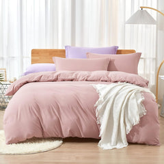 Plain Dyed Reversible Cotton Duvet Cover Set - Dusty Pink/Purple
