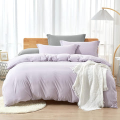 Plain Dyed Reversible Cotton Duvet Cover Set - Lilac/Grey
