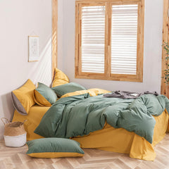 Plain Dyed Reversible Cotton Duvet Cover Set - Green/Yellow