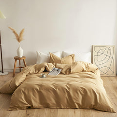 Plain Dyed Reversible Cotton Duvet Cover Set - Dark Beige / Cream