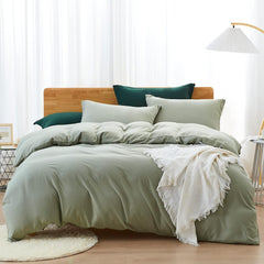 Plain Dyed Reversible Cotton Duvet Cover Set - Green/Light Green