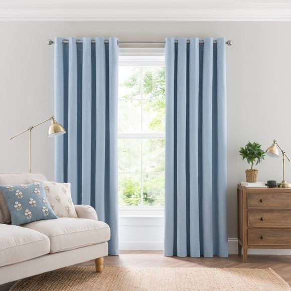 2Pc Plain Dyed Eyelet Curtains With Lining - Light Blue