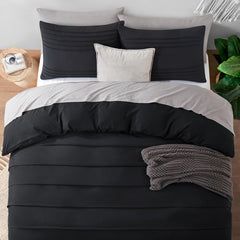 Minimal Pleated Cotton Duvet Cover Set - Black