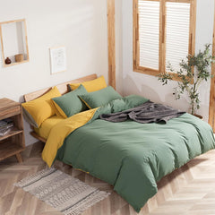Plain Dyed Reversible Cotton Duvet Cover Set - Green/Yellow