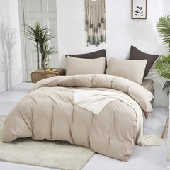 Plain Dyed Duvet Cover Set-Beige Coffee