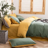 Plain Dyed Reversible Cotton Duvet Cover Set - Green/Yellow