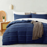 Minimal Pleated Cotton Duvet Cover Set - Blue