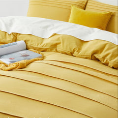 Minimal Pleated Cotton Duvet Cover Set - Mist Yellow