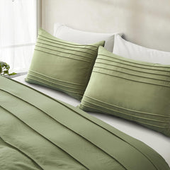 Minimal Pleated Cotton Duvet Cover Set - Olive Green