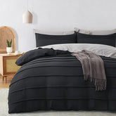 Minimal Pleated Cotton Duvet Cover Set - Black