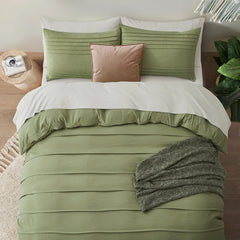 Minimal Pleated Cotton Duvet Cover Set - Olive Green