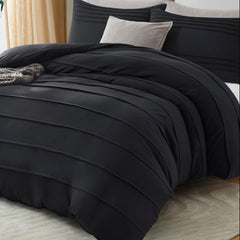 Minimal Pleated Cotton Duvet Cover Set - Black