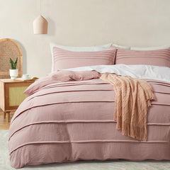 Minimal Pleated Cotton Duvet Cover Set - Mist Rose