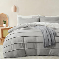 Minimal Pleated Cotton Duvet Cover Set - Light Grey