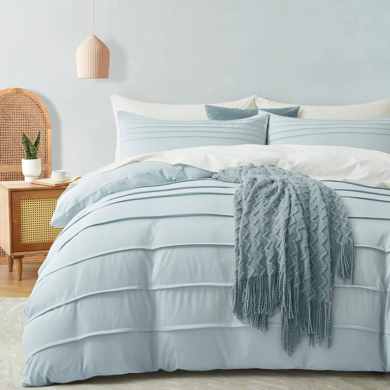 Minimal Pleated Cotton Duvet Cover Set - Baby Blue
