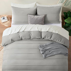 Minimal Pleated Cotton Duvet Cover Set - Light Grey