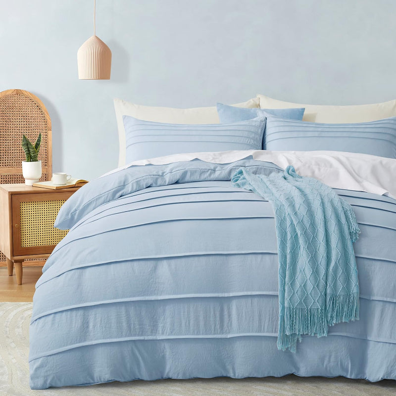 Minimal Pleated Cotton Duvet Cover Set - Airy Blue