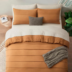 Minimal Pleated Cotton Duvet Cover Set - Pumpkin Brown