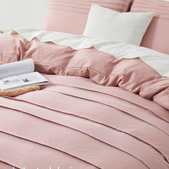 Minimal Pleated Cotton Duvet Cover Set - Mist Rose