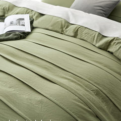 Minimal Pleated Cotton Duvet Cover Set - Olive Green