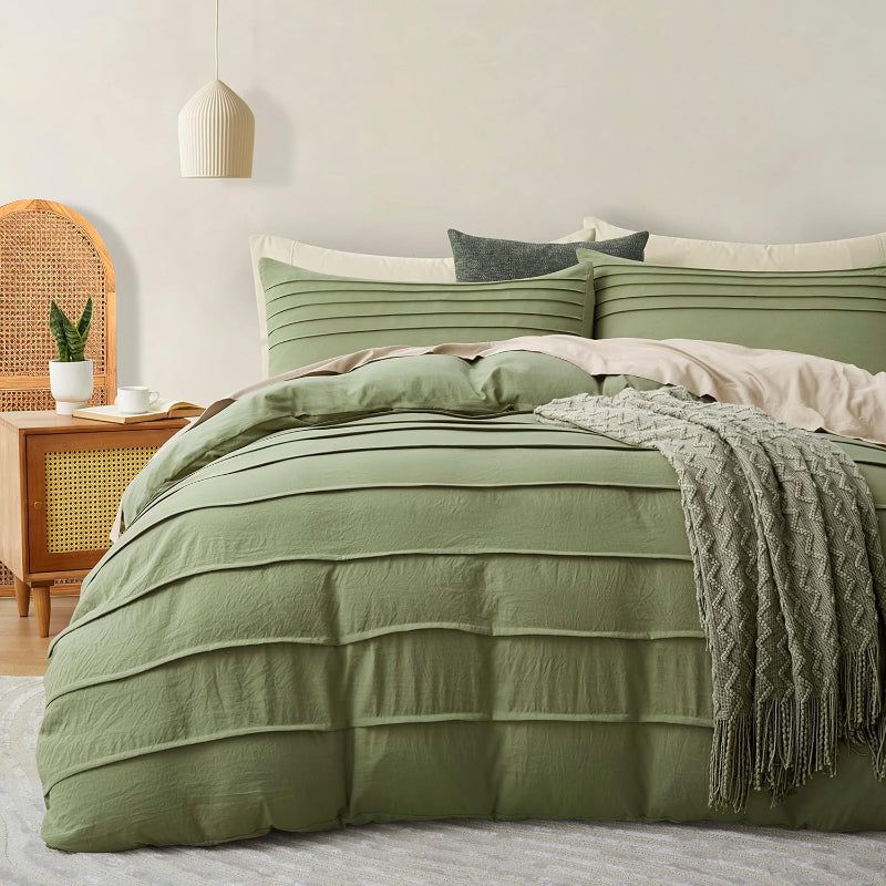 Minimal Pleated Cotton Duvet Cover Set - Olive Green