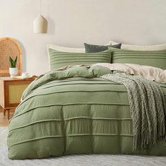 Minimal Pleated Cotton Duvet Cover Set - Olive Green