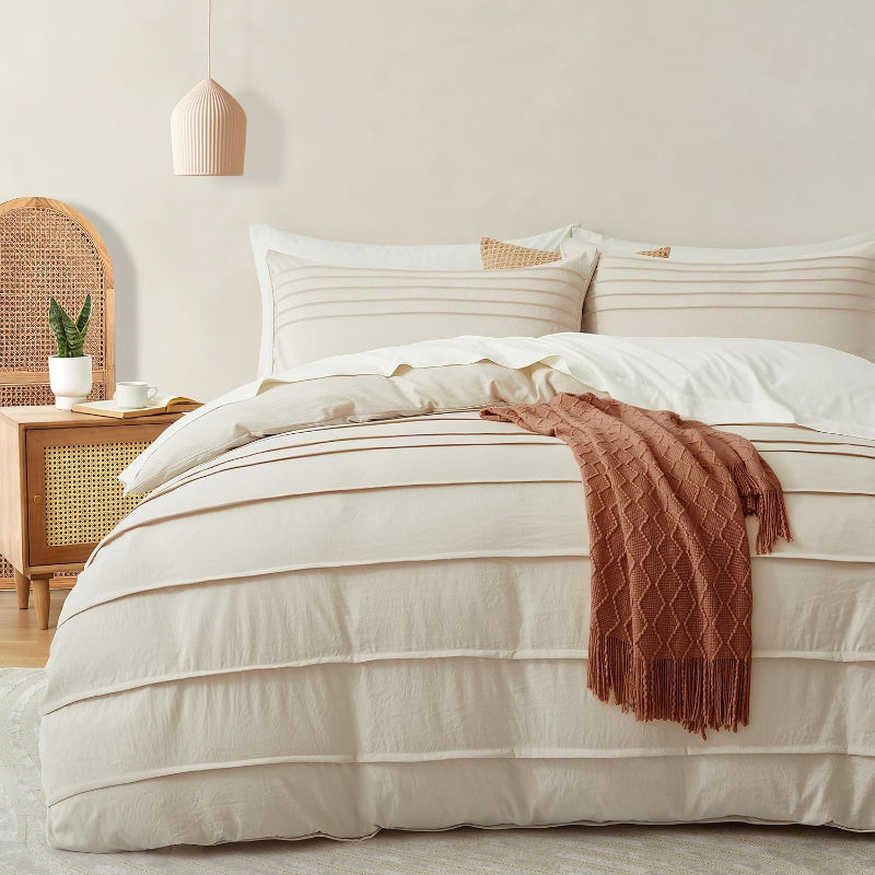 Minimal Pleated Cotton Duvet Cover Set - Cream