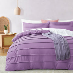 Minimal Pleated Cotton Duvet Cover Set - Purple