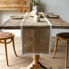 Jute Table Runner Pom-Pom Ball Fringe Trim