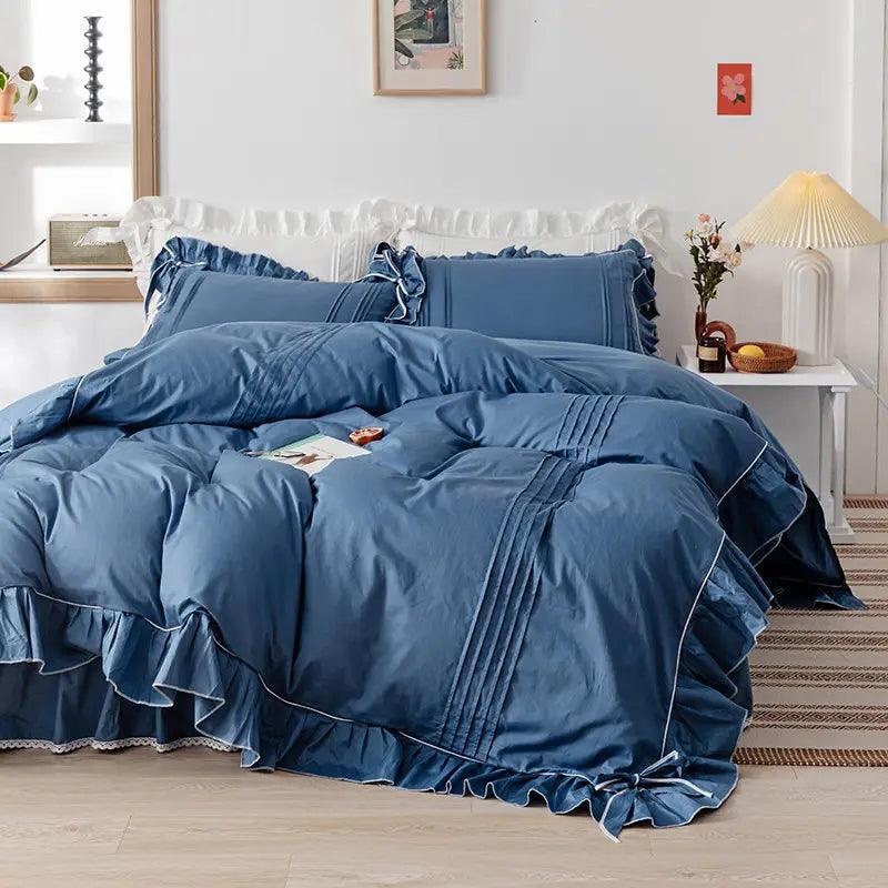 Luxury Pleated With Ruffled Style Satin Duvet Cover Set - Blue