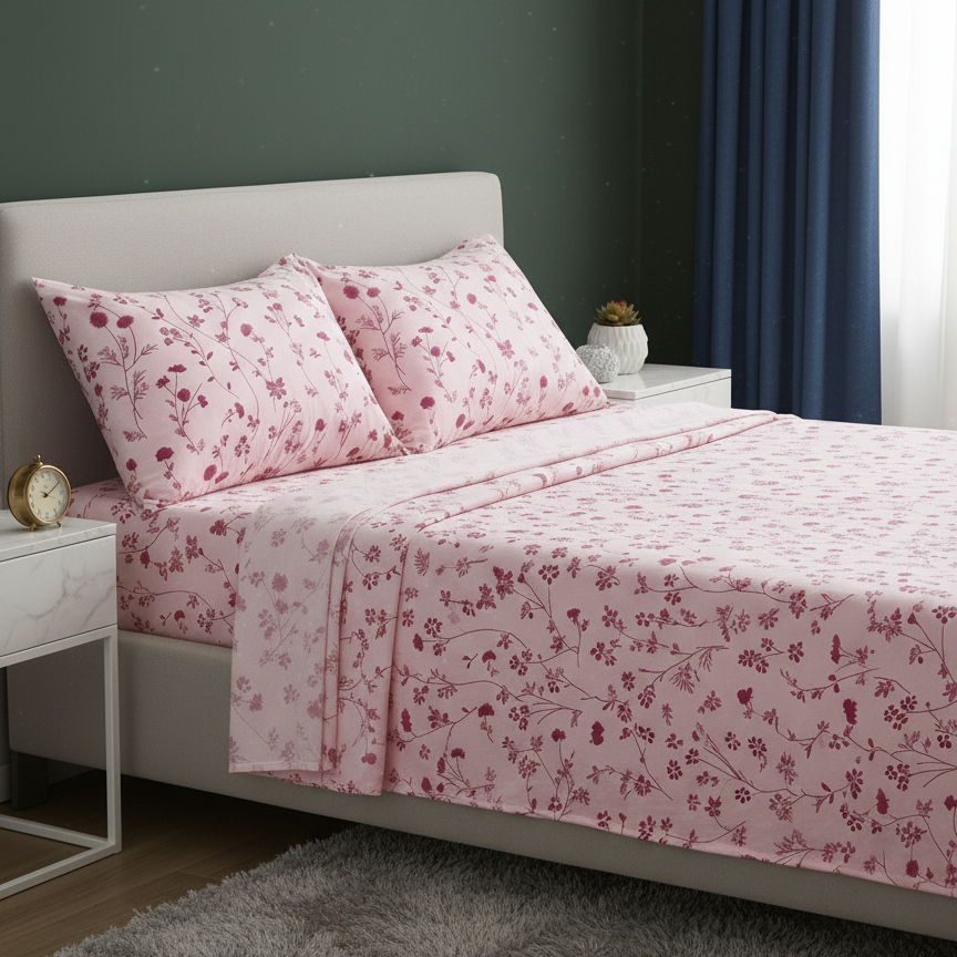 Double Cotton Bed Sheet Set - Soft Bloom Pink Floral