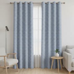 2Pc Waterproof Printed Curtains- Modern Vintage Blue Check