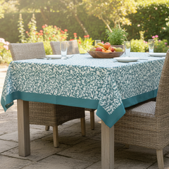 Waterproof Printed Teal Green Leaves Table Cover with Plain Cotton Border