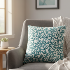 Waterproof Teal Green Leaves Printed Cushion Cover-1 Pc