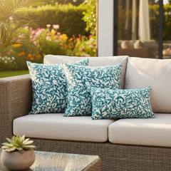 Waterproof Teal Green Leaves Printed Cushion Cover-1 Pc