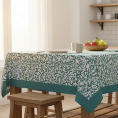 Waterproof Printed Teal Green Leaves Table Cover with Plain Cotton Border